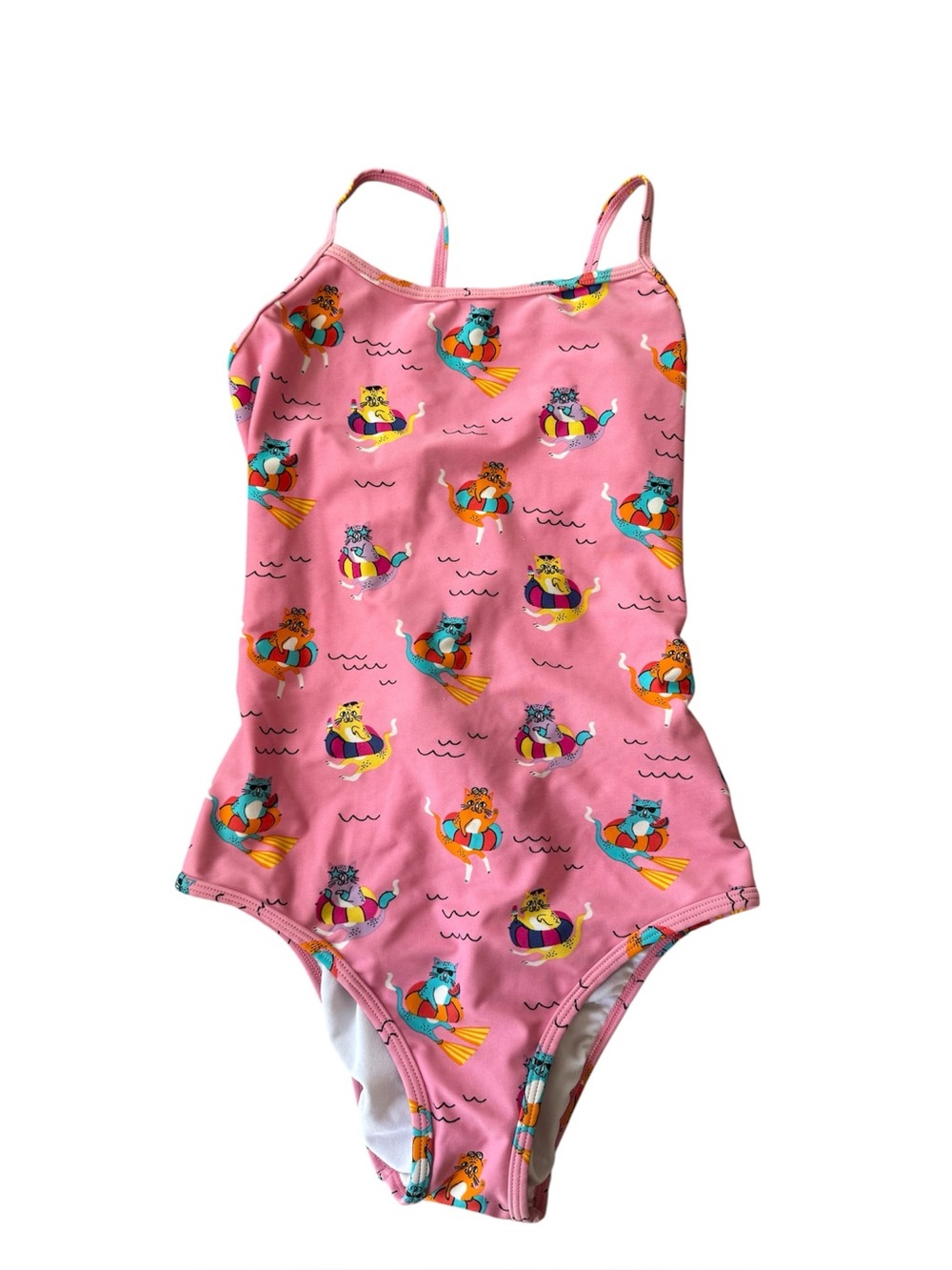 Hanna Andersson Pink One-Piece Swimsuit with Colorful Float Cat Print